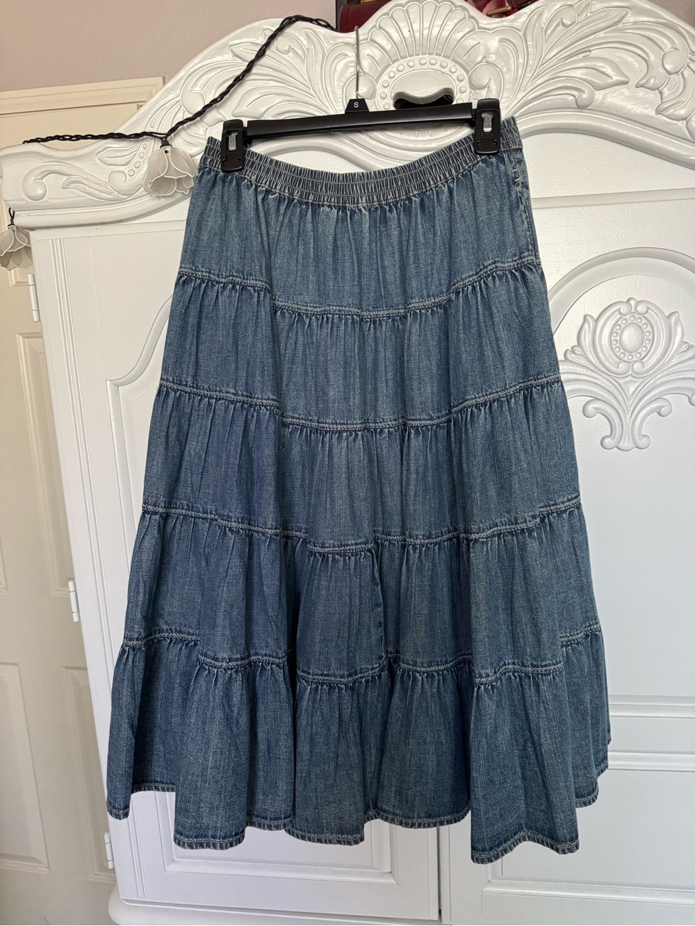 Free People Washed Blue Tiered Denim Midi Skirt
